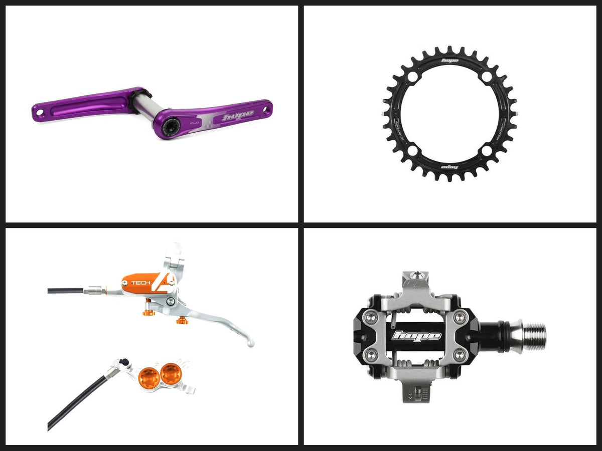 Componentes Hope: bielas EVO violeta, plato R22, freno Tech 4 y pedal Union RC